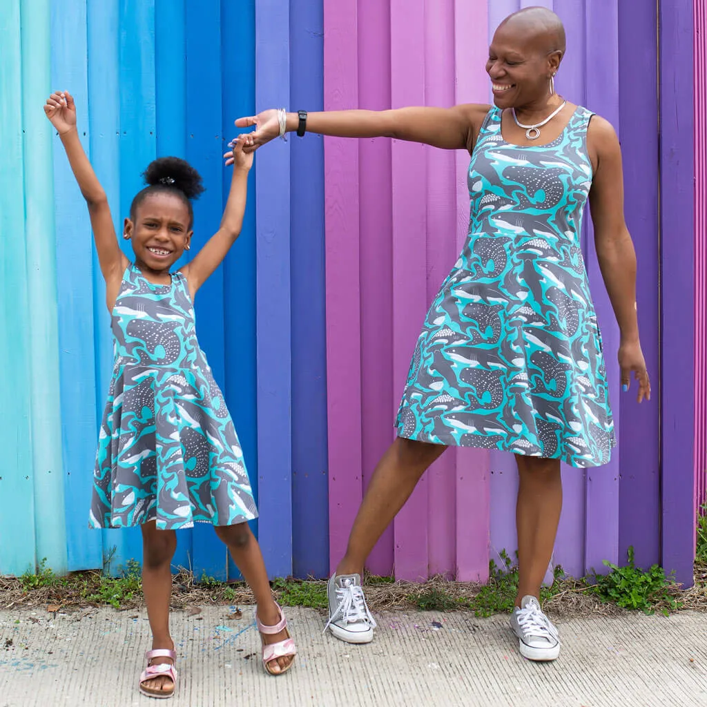 Adult "Megabites" Sharks Sleeveless Dress with Pockets