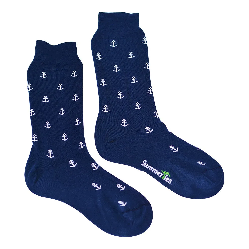 Anchor Socks - Men's Mid Calf - White on Navy