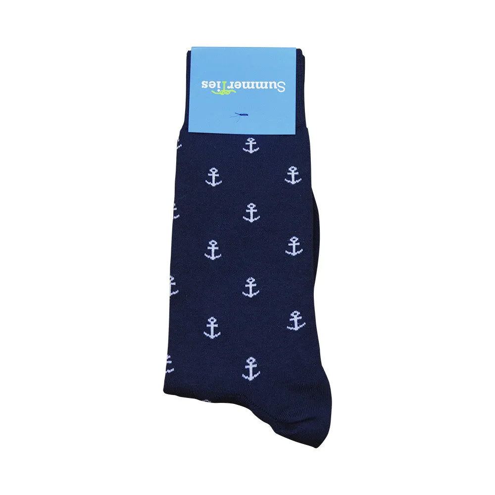 Anchor Socks - Men's Mid Calf - White on Navy