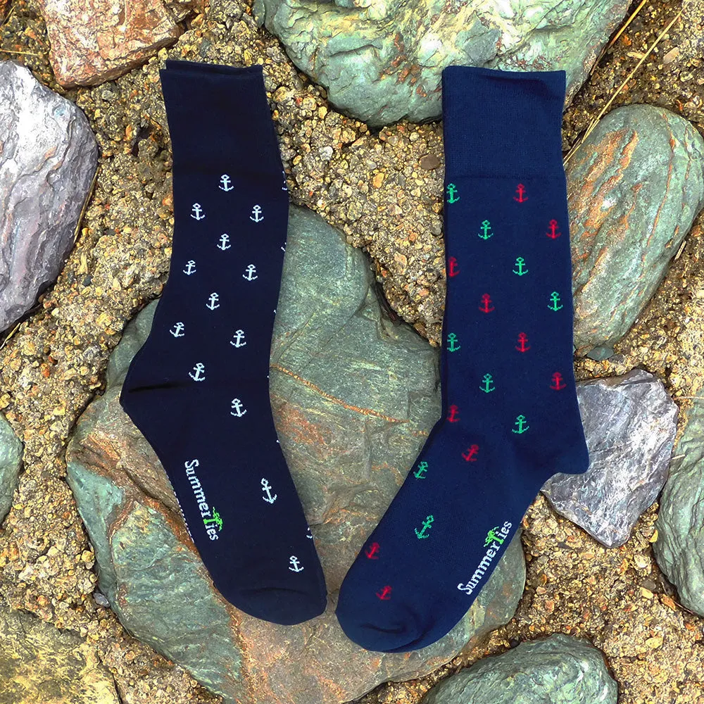 Anchor Socks - Men's Mid Calf - White on Navy