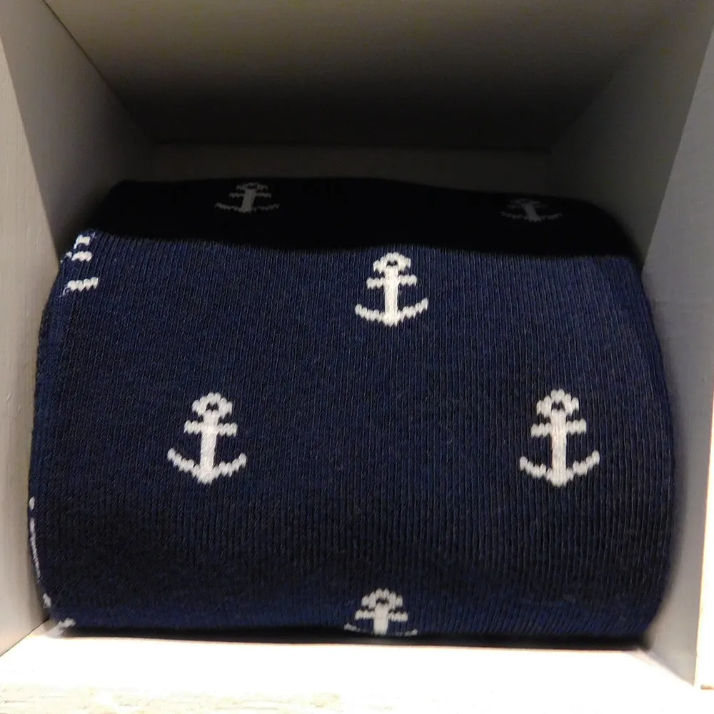 Anchor Socks - Men's Mid Calf - White on Navy