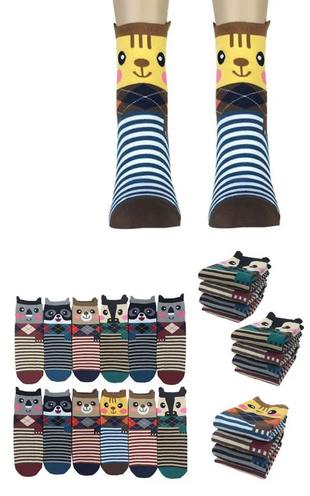 DB76106 Cute Animal Stripe Cartoon Cotton Casual Socks  (12prs Pack)