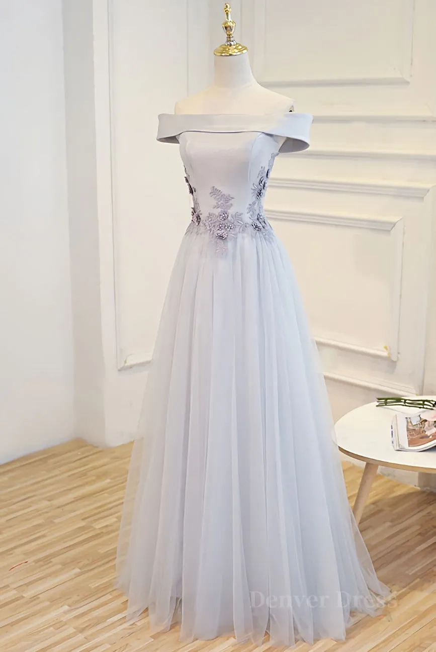 kamahe Gray tulle off shoulder lace long prom dress gray tulle formal dress
