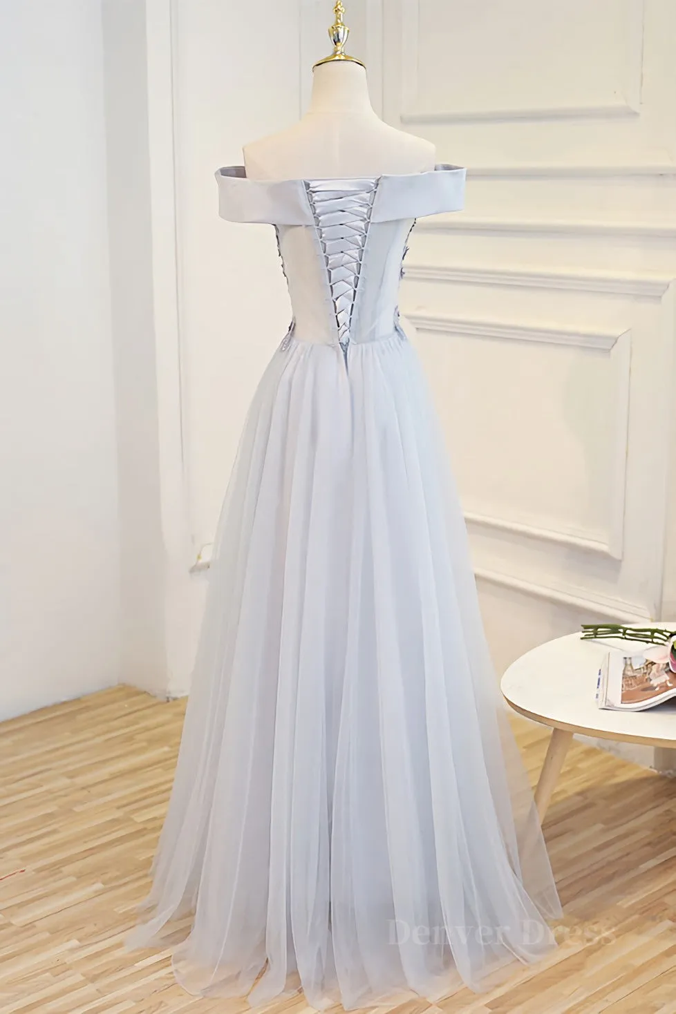 kamahe Gray tulle off shoulder lace long prom dress gray tulle formal dress