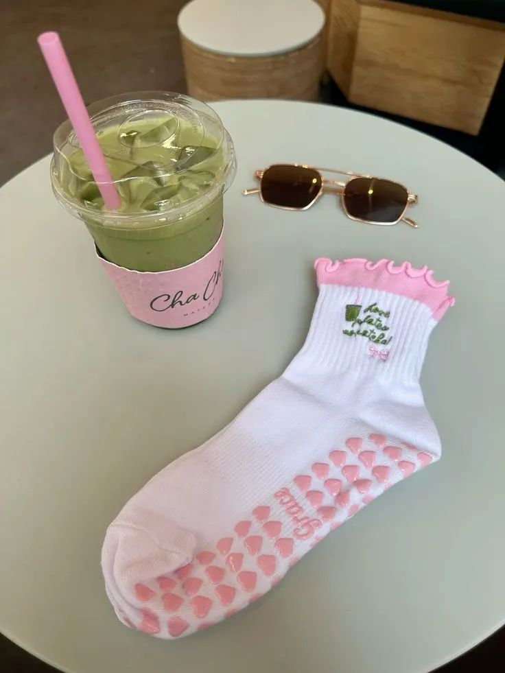 "Love Pilates So Matcha" grip sock with pink heart grips