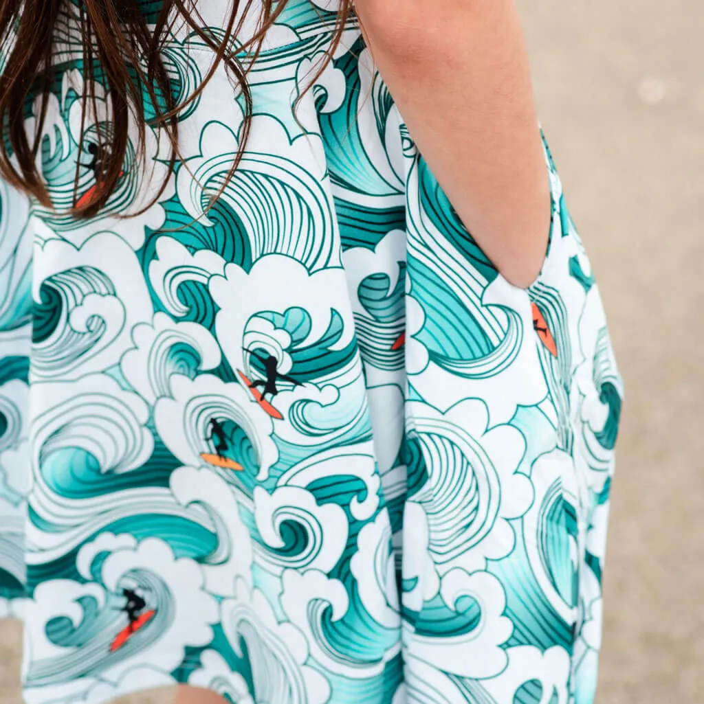 "Wave Theory" Surfer Sleeveless Play Dress with Pockets