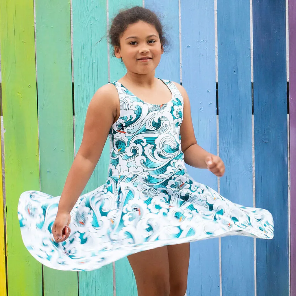 "Wave Theory" Surfer Sleeveless Play Dress with Pockets