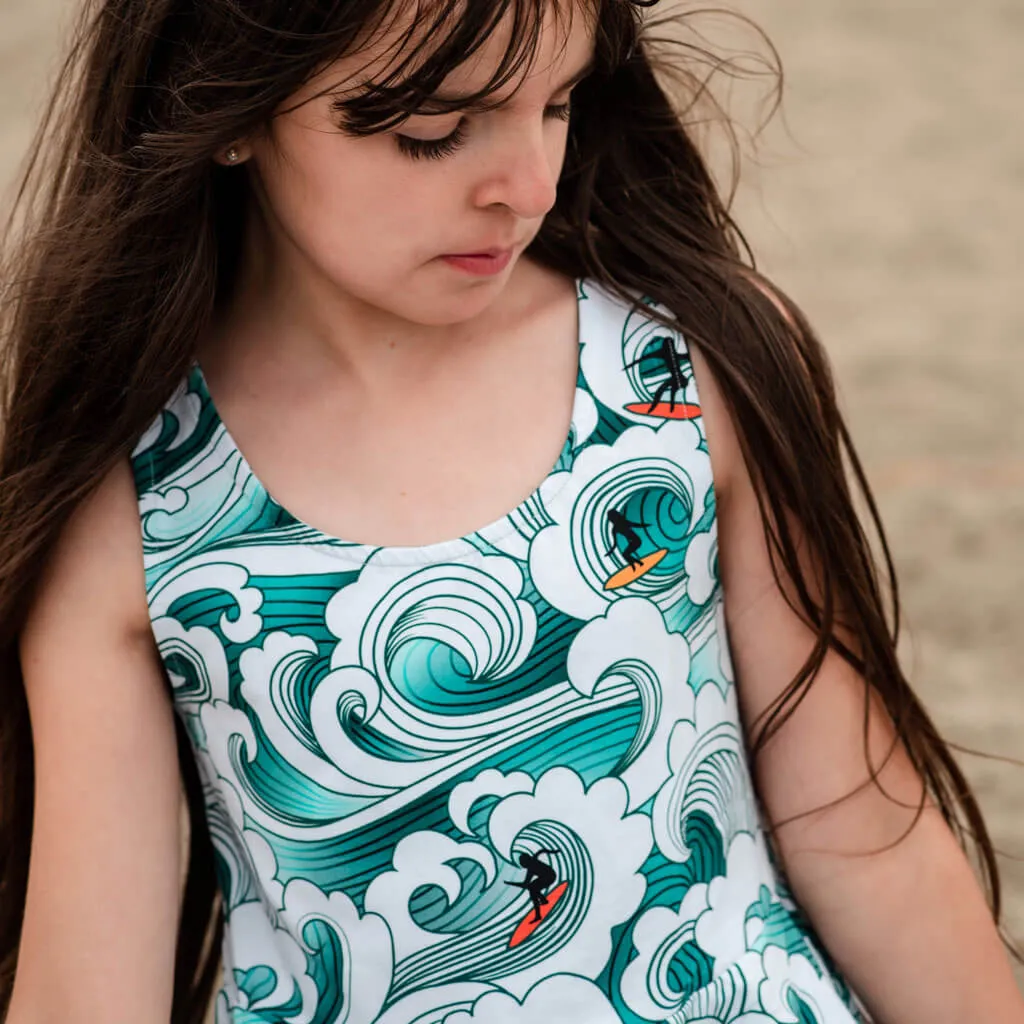"Wave Theory" Surfer Sleeveless Play Dress with Pockets