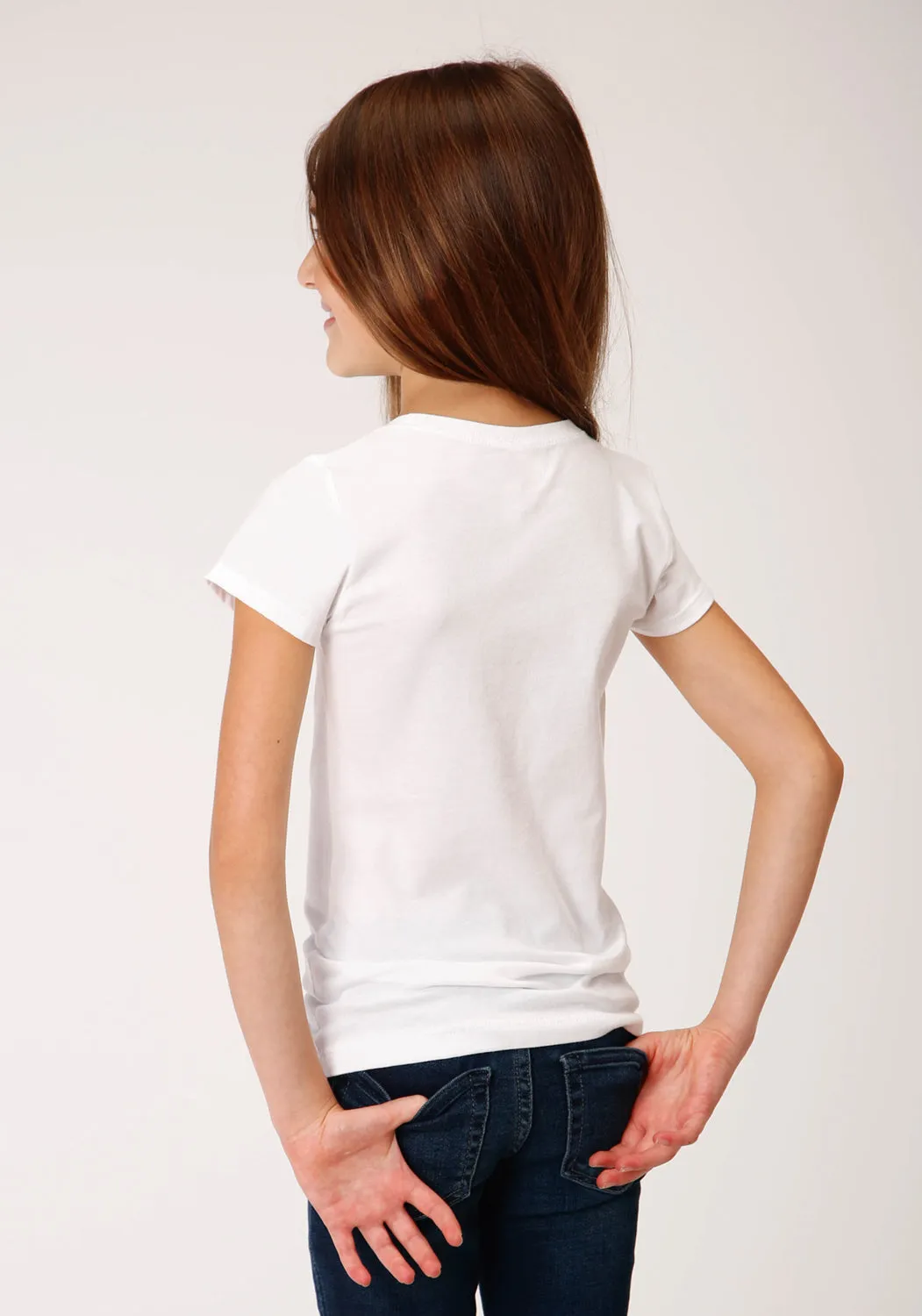 Roper Girls Optic White Poly/Rayon Blue Horse S/S T-Shirt