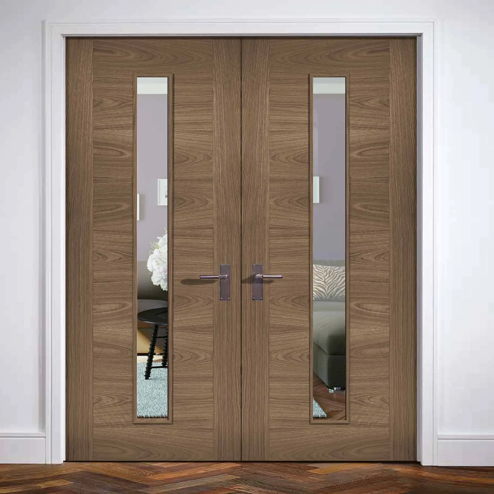 Sofia Walnut Veneer Internal Door Pair - Clear Glass - Prefinished