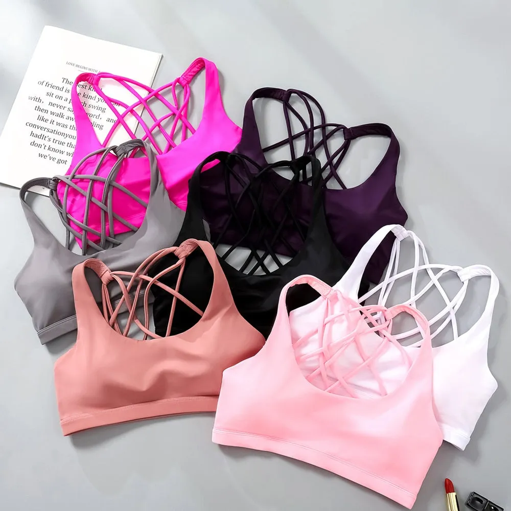 Stylish Cross Over Straps Wireless Push Up Sports Bra