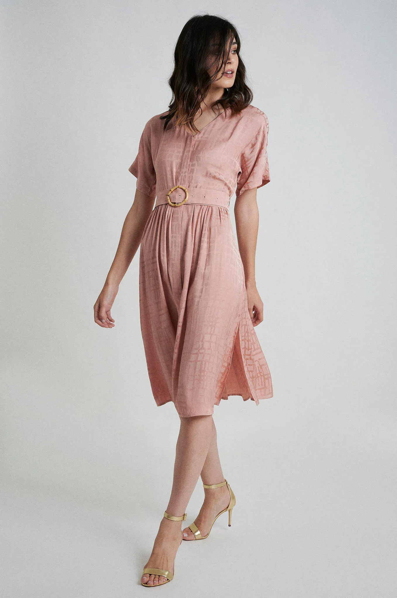 Sustainable fabric blend dress with bamboo buckle belt