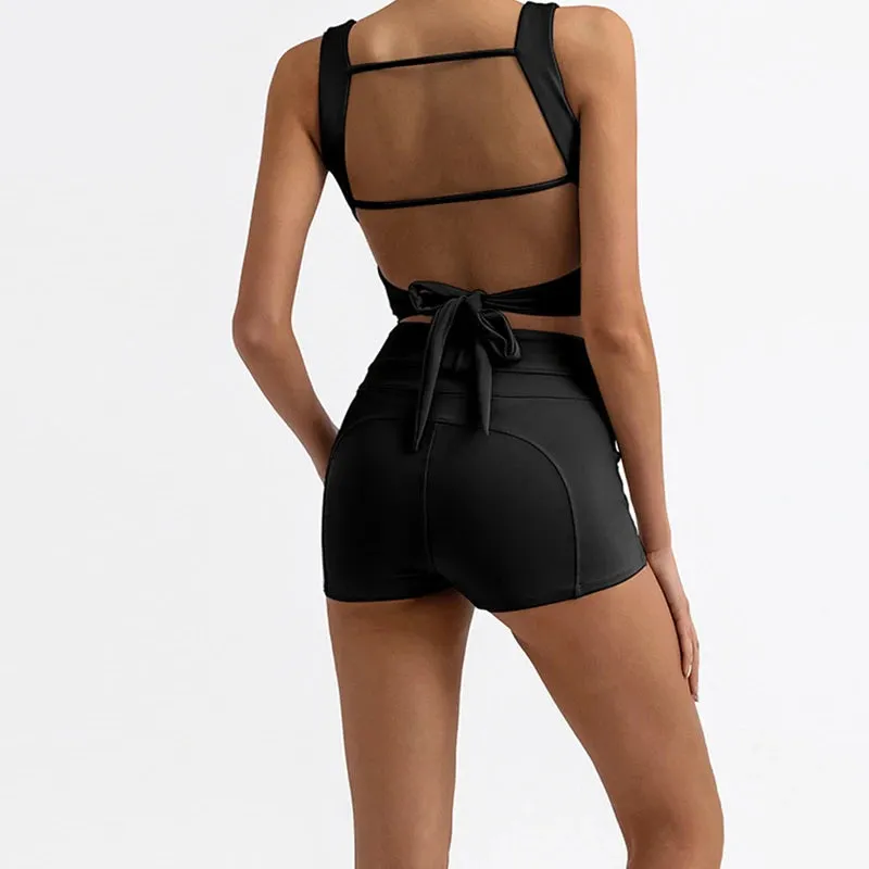 Yoga 2-Piece Set Fitness Women's Crop Top With Chest Pad   High Waist Shorts